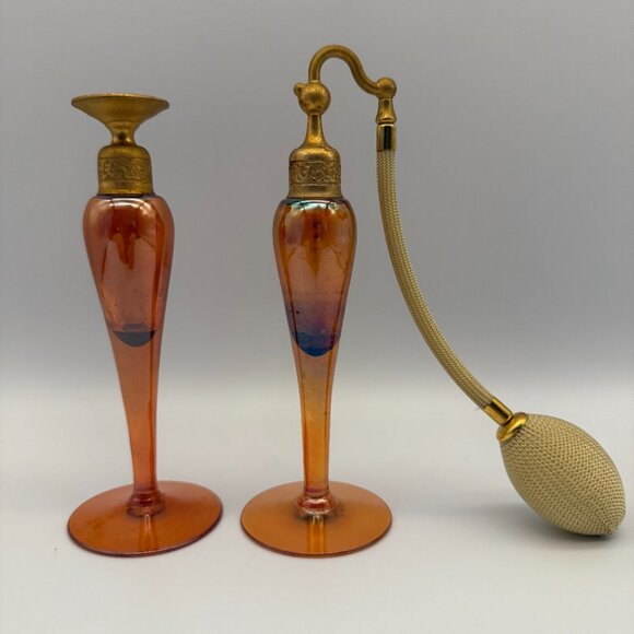 Antique DeVilbiss Steuben Art Deco Iridescent Amber Orange Glass Perfu,m Bottles - Picture 1 of 16